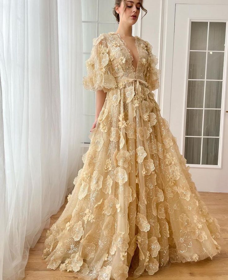 Aurora Floral Elegance Gown | Teuta Matoshi Fairy Prom Dress, Teuta Matoshi, Evening Dress Floor Length, Custom Size Dresses, Fancy Dress Design, Princess Wedding Dresses, Princess Wedding, Short Wedding Dress, Beautiful Gowns