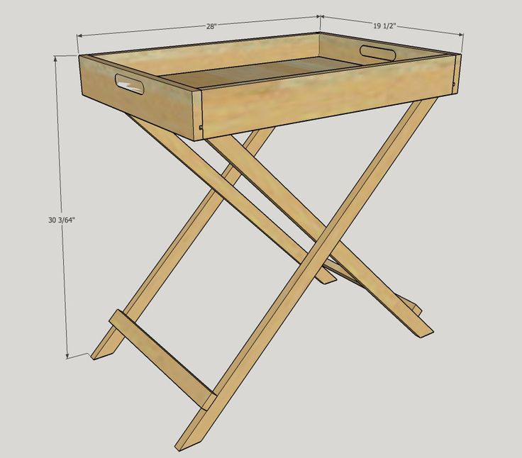 a wooden table with two legs and a tray on it's side, showing the measurements