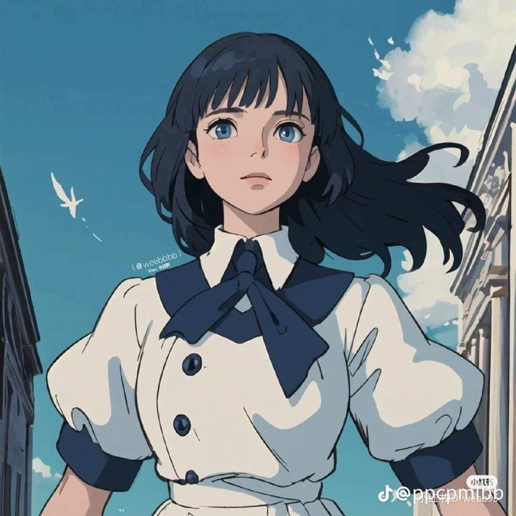 an anime character with long black hair and blue eyes standing in front of a building