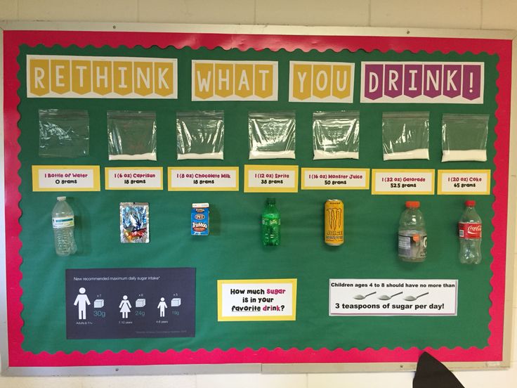 a bulletin board with different types of drinks on it and instructions for drinking in bottles