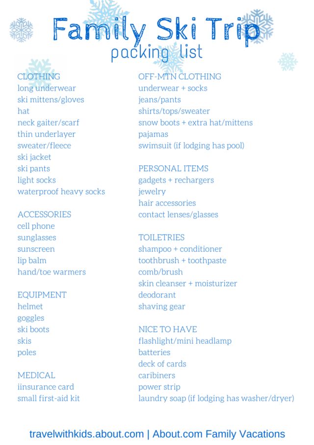 the family ski trip packing list is in blue and white with snowflakes on it