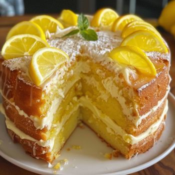 a cake with lemons and powdered sugar on top is cut in half to show the inside