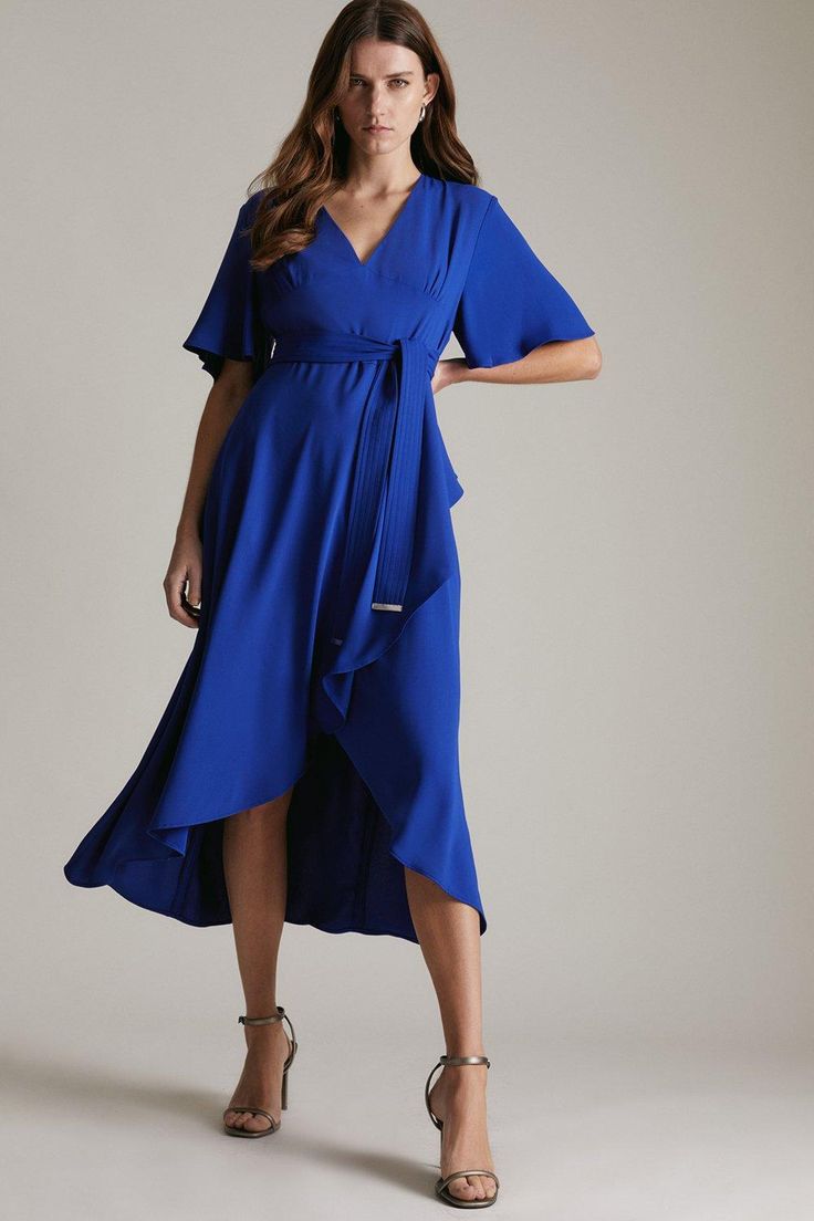 Soft Tailored Ruffle Midi Dress Elegant Spring High Low Dress For Formal Events, Elegant High Low Dress For Spring Formal, Elegant High Low Dress For Formal Spring Events, Belted Midi Dress For Party, Spring Elegant High Low Cocktail Dress, Elegant Knee-length Belted Party Dress, Chic High Low Midi Dress For Formal Occasions, Chic High Low Midi Dress For Formal Events, Elegant Fitted High Low Spring Dress