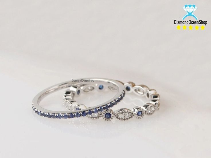 14K Solid Gold Rings/Art Deco Simulated Diamond Wedding Band/Blue Sapphire Matching Band/Stack Ring/blue sapphire engagement ring/2PCS Rings ♠ Stone Details Pave Band: (Half Eternity): ➵ Blue Sapphire Approximately 0.20ctw ➵ Band Width: approximately 1.18mm Milgrain Band: (Full Eternity) ➵ Blue Sapphire Approximately 0.18ctw ➵ Band Width: Approximately 2.38mm ➵ Gemstone: Blue Sapphire ➵ Stone Color (Blue color) ➵ Stone Luster: Excellent ➵ Stone Clarity: VVS1 ➵ Stone Make: High Quality ➵ Metal Ch Classic Blue Stackable Wedding Rings, Blue Diamond Stackable Ring, Stackable Sapphire Ring For Wedding, Blue Stackable Diamond Ring, Sapphire Stackable Diamond Ring For Anniversary, Blue Sapphire Stackable Rings For Wedding, Blue Diamond Stackable Rings For Wedding, Sapphire Diamond Stackable Wedding Rings, Rings Art Deco