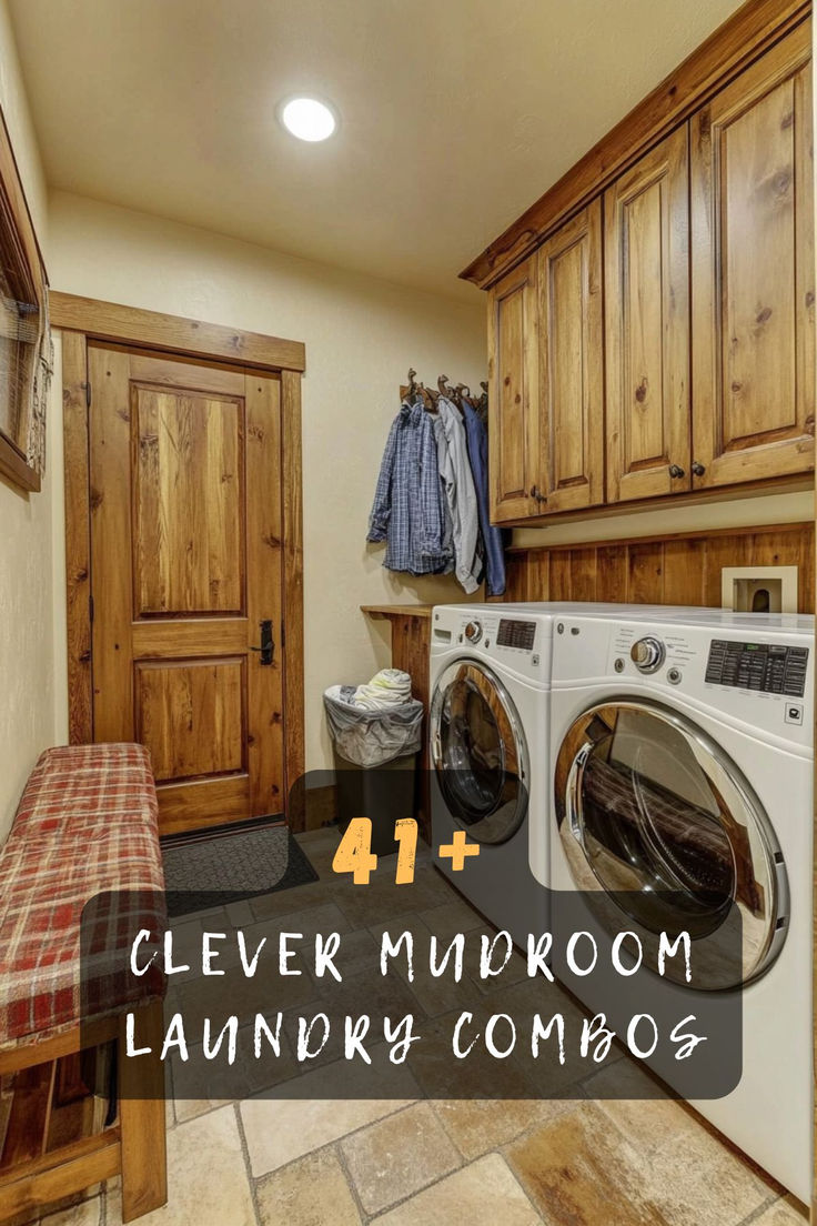 a washer and dryer in a room with wooden cabinets on the wall, next to a bench