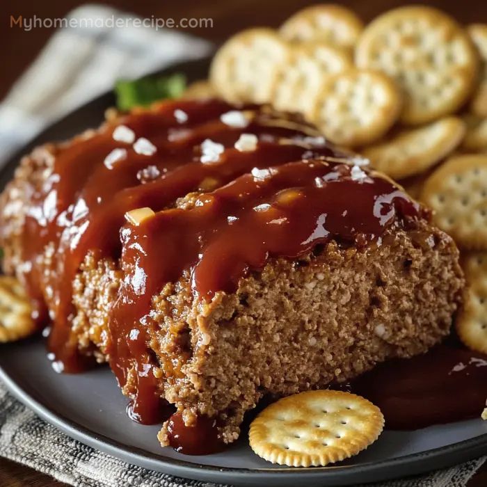 a piece of meatloaf covered in sauce and crackers on a plate