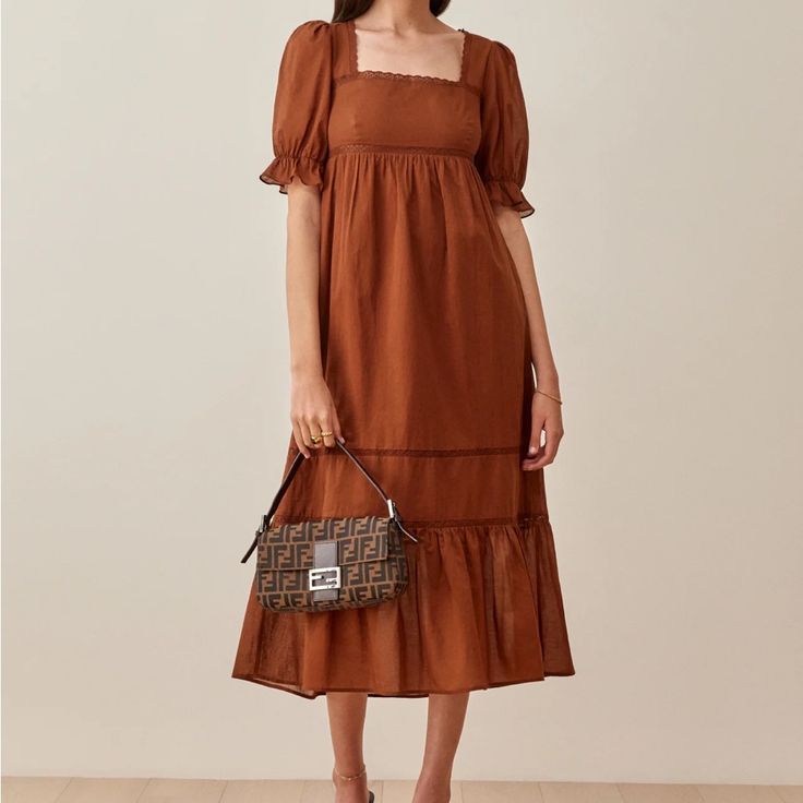 Nwt Reformation Bekkah Dress. Size Xl. Color - Cinnamon. Chic Brown Dress With Square Neckline, Chic Brown Square Neck Dress, Elegant Square Neck Midi Dress For Vacation, Elegant Brown Midi Dress For Daywear, Elegant Brown Maxi Dress For Daywear, Brown Square Neck Dresses With Ruffles, Elegant Brown Midi Dress For Casual Wear, Brown Square Neck Midi Dress, Elegant Brown Midi Dress For Casual Occasions