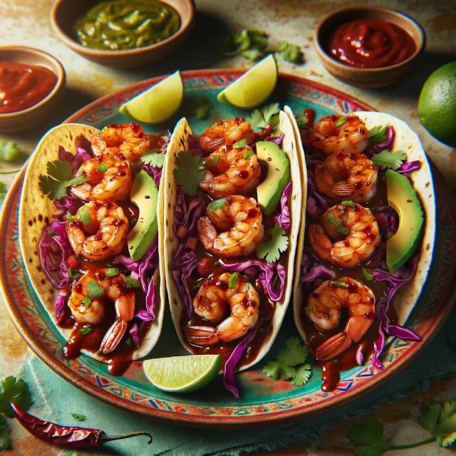 three tacos with shrimp, cabbage and avocado are on a colorful plate