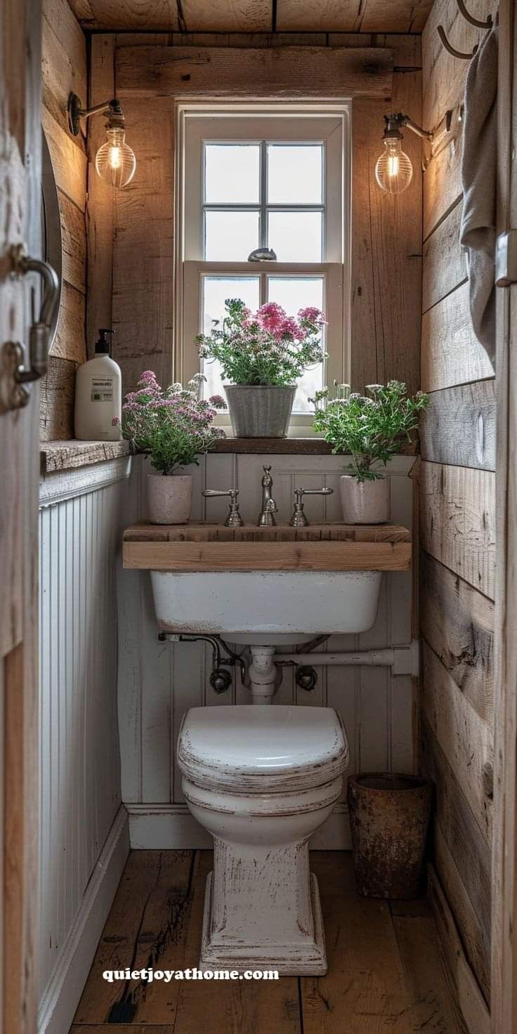 a bathroom with a toilet, sink and plants in the window sill on the wall