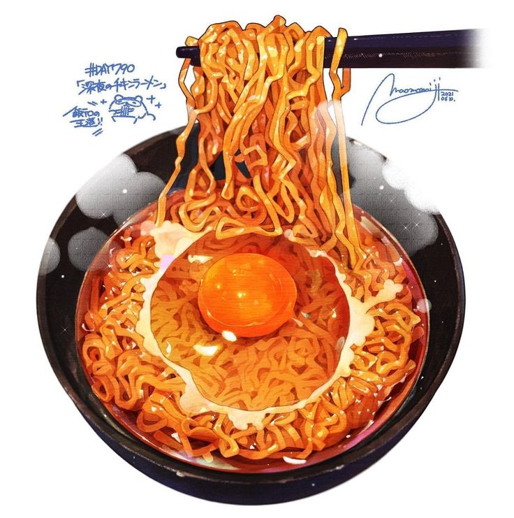 an illustration of noodles being cooked in a pan with chopsticks and an egg on top