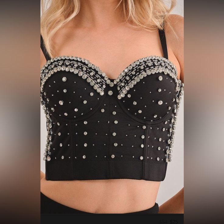 29 Inches Long Laid Flat Fits 34 B, C Comes With Extra Gems Straps Removable Jeweled Corset Top, Elegant Silver Crop Top For Party, Black Embellished Corset For Night Out, Elegant Silver Crop Top For Evening, Bedazzled Bustier, Glamorous Silver Crop Top For Evening, Fitted Crystal Embellished Crop Top For Evening, Glamorous Embellished Party Corset, Glamorous Rhinestone Corset For Night Out