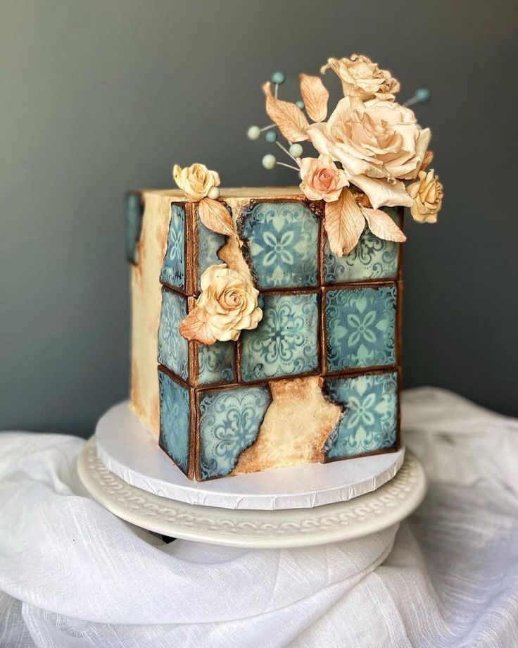 a cake decorated with flowers on top of a plate