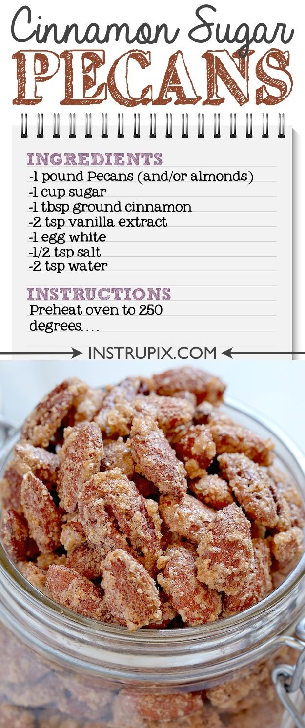 cinnamon sugar pecans in a glass jar with instructions on the side for making them