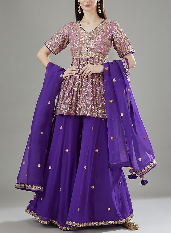 Size: 38 Garara Suit, Designer Palazzo, Designer Sharara Suits, Sangeet Outfit, Designer Bridal Lehenga, Palazzo Suit, Engagement Outfits, Engagement Dresses, Wedding Lehenga