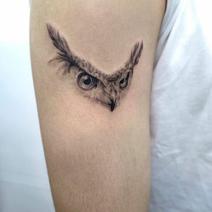 an owl tattoo on the left upper arm