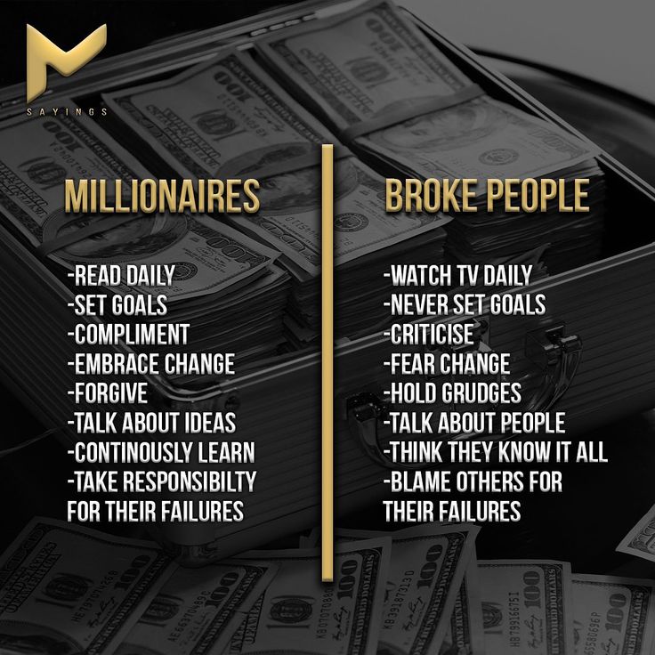 a pile of money sitting next to each other on top of a black table with the words, millionaires and broke people