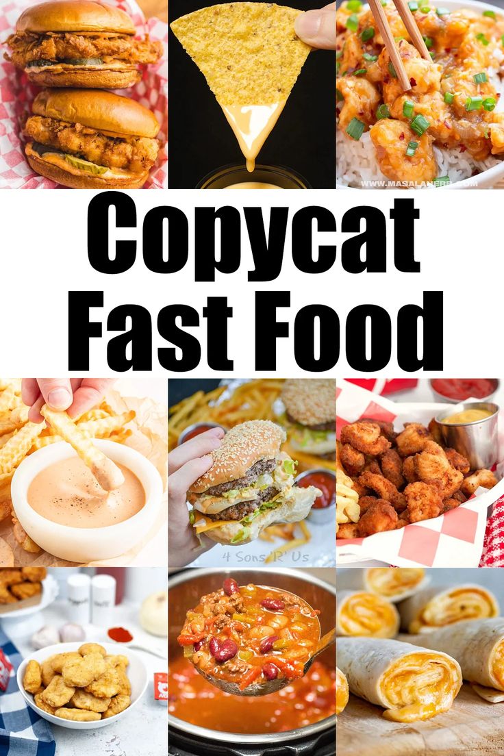 A nine photo collage showing several homemade fast food recipes. Text at the top reads "copycat fast food". Homemade Cheat Meals, Hungry Howies Copycat, At Home Fast Food, Mcdonalds Food Recipes, Fastfood Copycat Recipe, At Home Fast Food Recipes, Fast Food To Make At Home Easy Recipes, Copycat Fast Food Restaurant Recipes, Food Truck Recipes Copycat