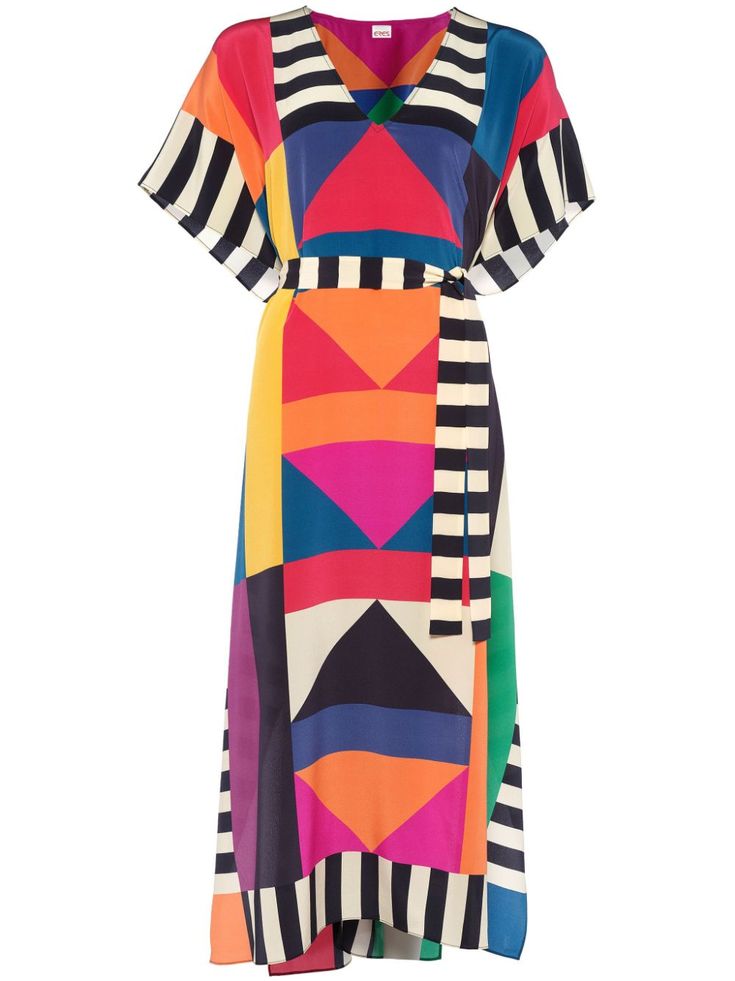 multicolour silk Kaleido Eclipse geometric print patchwork design V-neck three-quarter length sleeves detachable waist belt high-low hem Bohemian Wedding Guest, Geometric Dress, Silk Dress Long, Versace Outfit, Yoko London, City Dress, Long Summer Dresses, Summer Beach Wear, Patchwork Designs