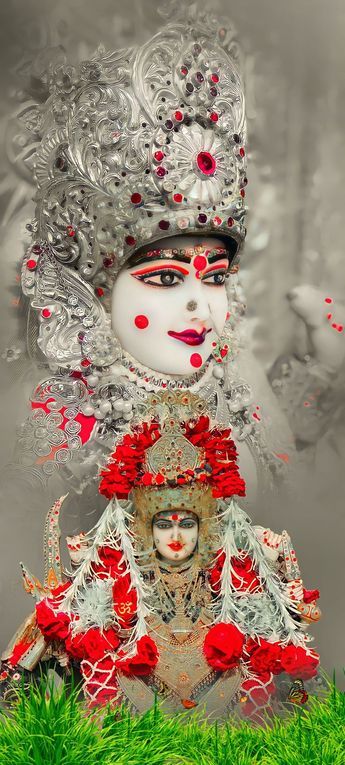 an artistic photo of a woman with red flowers on her head and green grass in the foreground