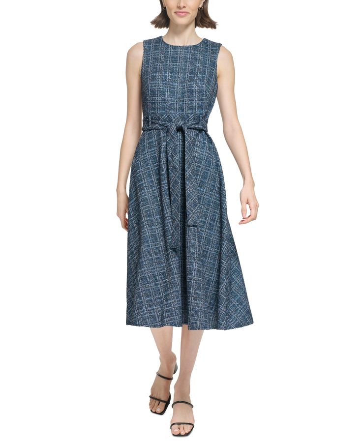 in stock Spring Tweed Midi Dress For Work, Casual Tweed Dress For Spring, Casual Summer Tweed Dresses, Summer Casual Tweed Dresses, Spring Plaid Tweed Dress, Casual Tweed Knee-length Dress, Casual Calvin Klein Knee-length Midi Dress, Calvin Klein Midi Dress For Fall Workwear, Tweed Dresses For Spring Workwear