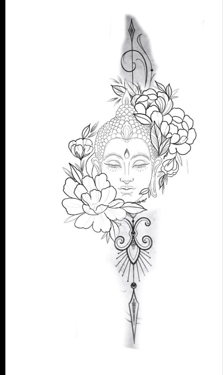 a drawing of buddha with flowers and music notes on it's head, in black and white