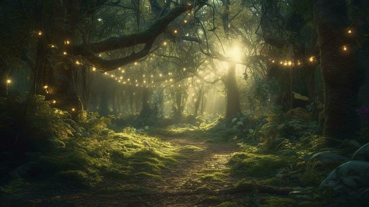 a path in the middle of a forest with lights strung from it's trees