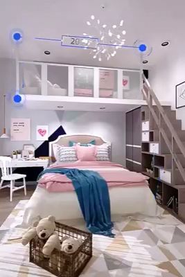 a bed room with a neatly made bed next to a stair case and a desk