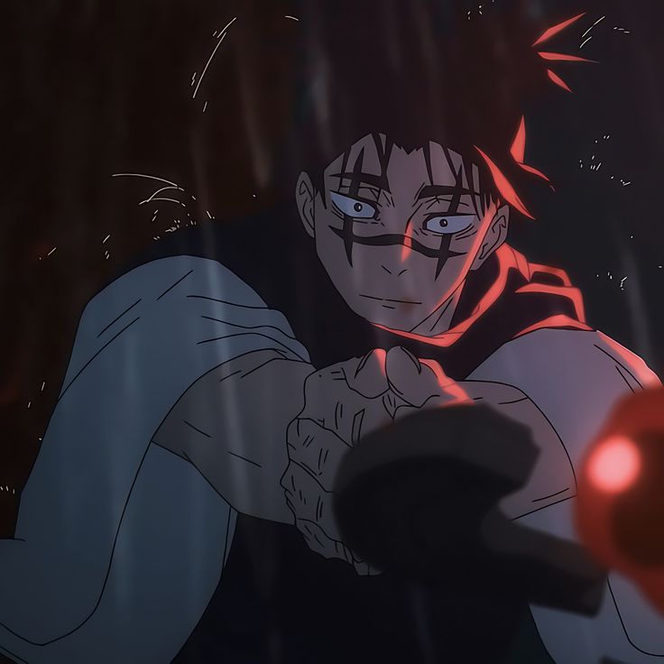 an anime character with blue eyes and black hair holding a red light in his hand