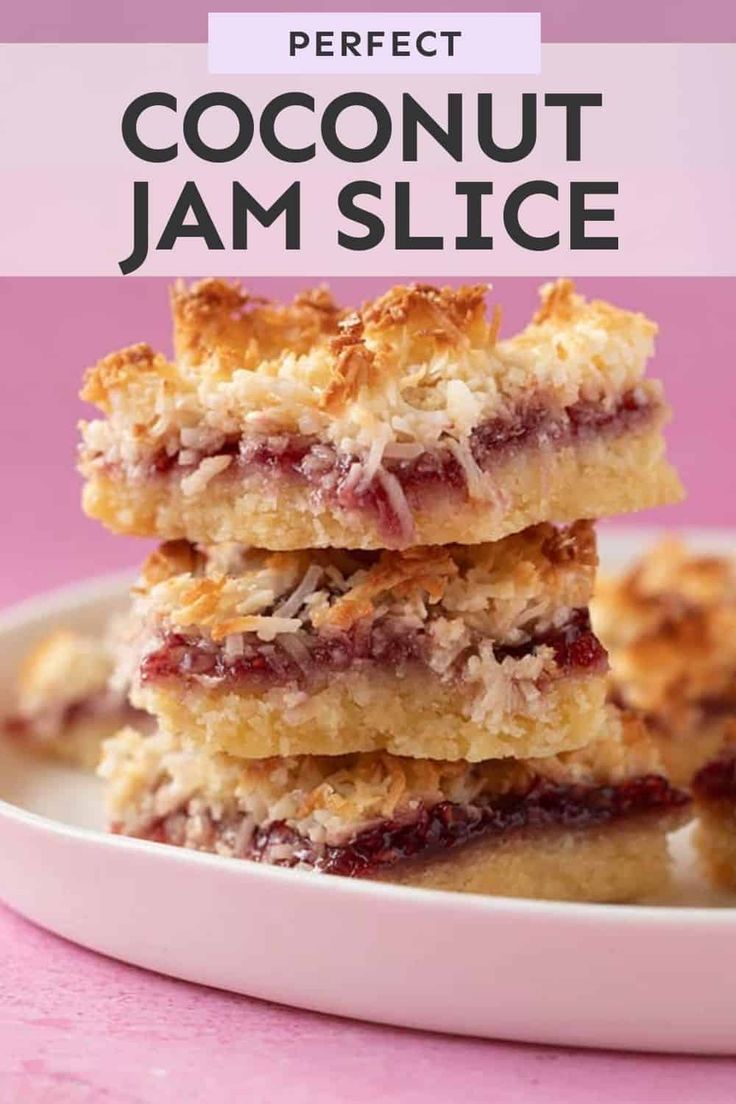 three pieces of coconut jam slice stacked on top of each other with text overlay