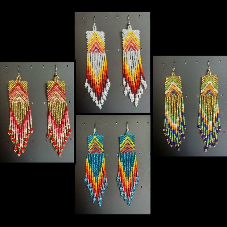 four different pictures of colorful beaded earrings and earring sets, all hanging from hooks