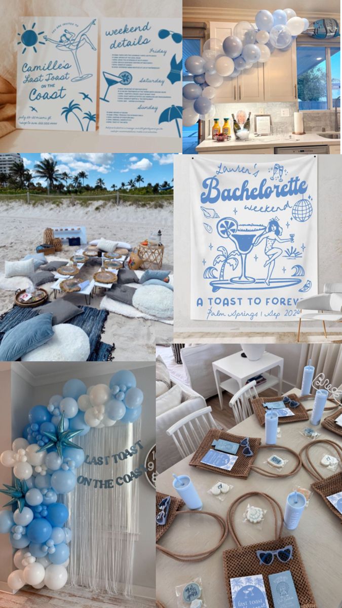 a collage of photos with blue and white decorations on the table, balloons in the air