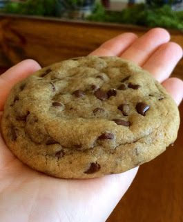 a person holding a chocolate chip cookie in their hand