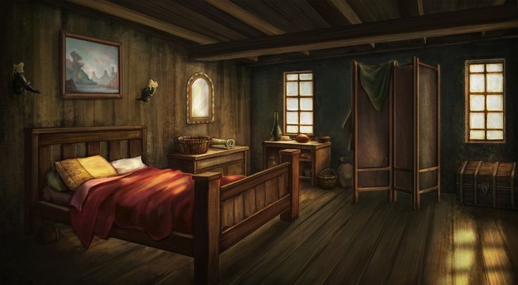 a painting of a bedroom with wooden floors and walls