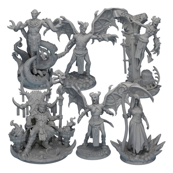 some white plastic figurines with different designs and sizes on them, all in various poses