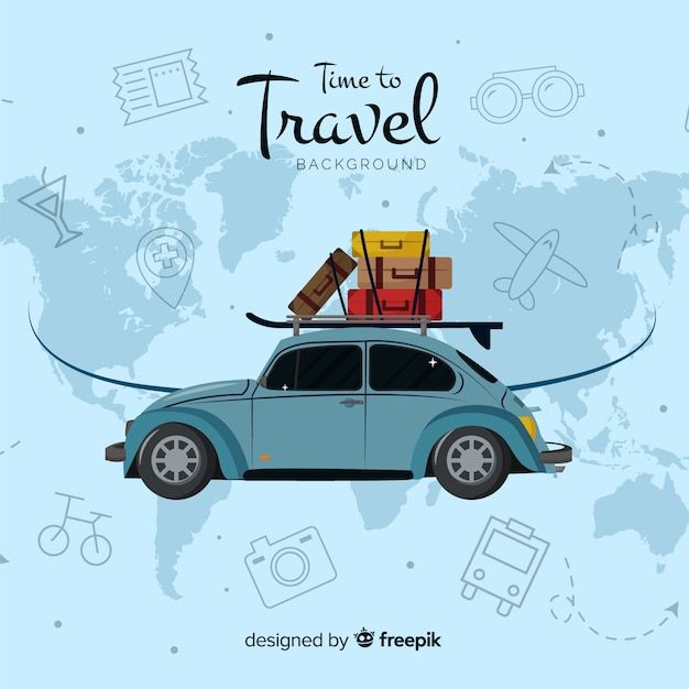 a blue car with luggage on top and the words time to travel in front of it