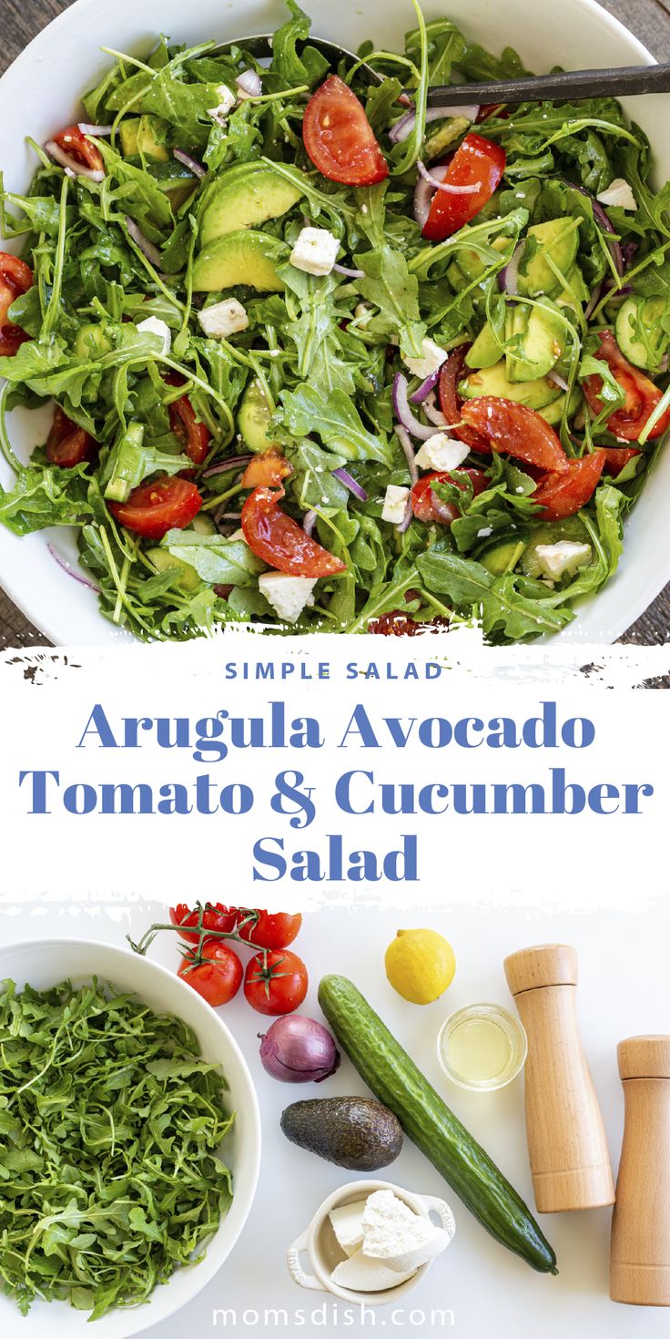 a salad with avocado, tomato and cucumber in it on a white plate