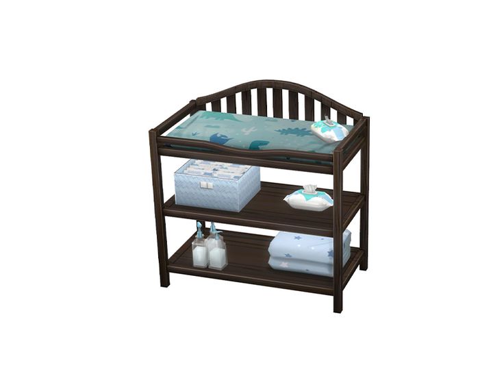 a baby crib that is brown and has blue sheets on the bottom shelf next to it