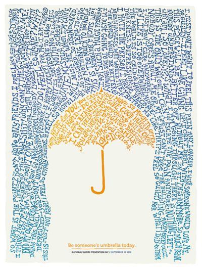 an umbrella with words all over it in blue, yellow and orange on the bottom