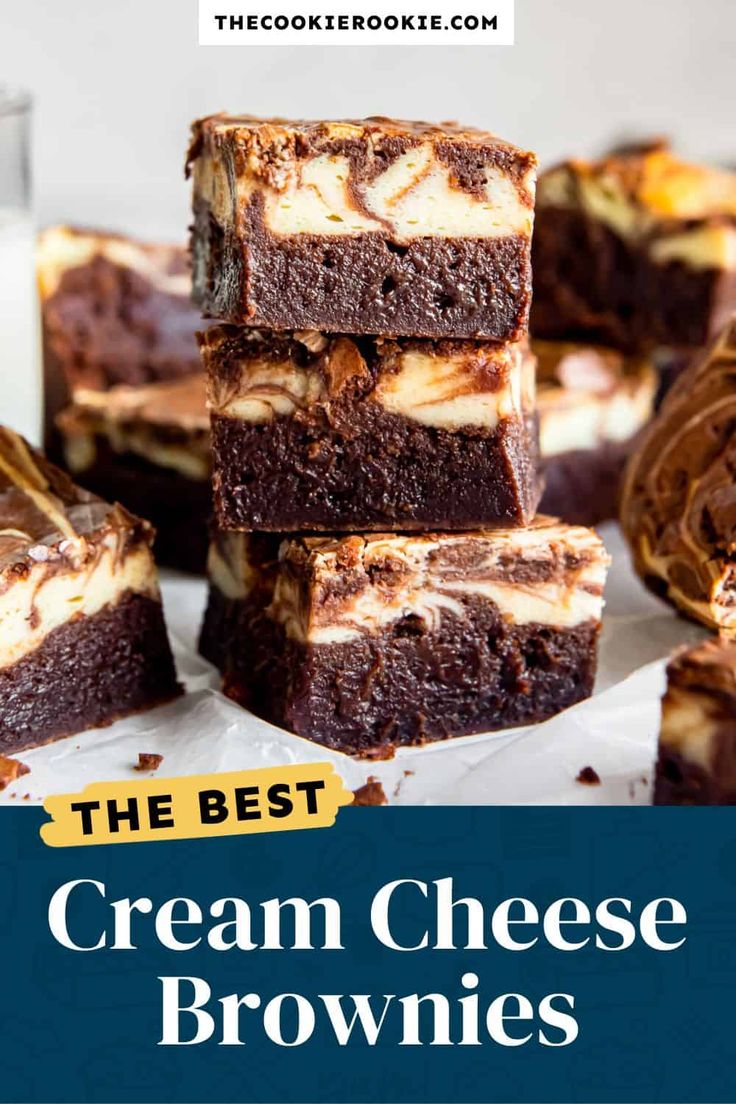 the best cream cheese brownies are stacked on top of each other and ready to be eaten