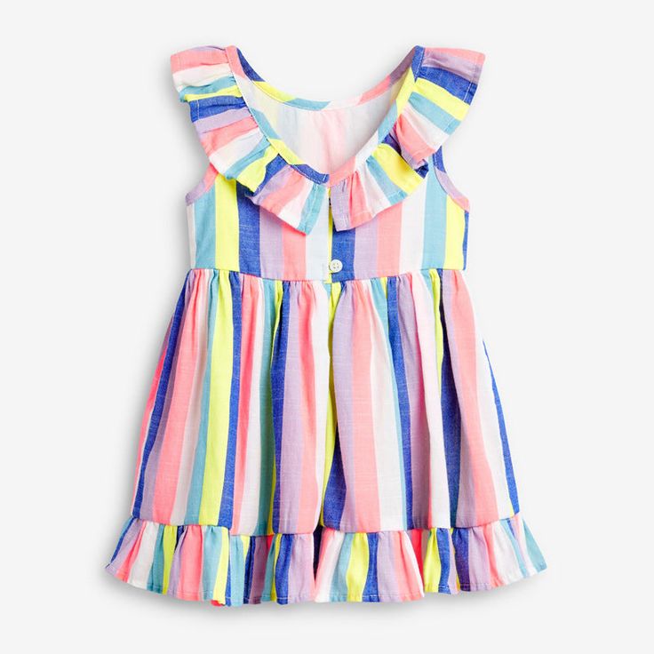 Sleeveless Striped Ruffled DressSize Information:*Use Height as Size* Casual Multicolor Ruffled Dress, Casual Multicolor Ruffled Skirt Dress, Casual Multicolor Dress With Ruffled Skirt, Multicolor Ruffle Dress For Summer, Playful Ruffled Dresses For Vacation, Multicolor Ruffle Hem Dress For Summer, Multicolor Vacation Dresses With Ruffled Straps, Multicolor Dresses With Ruffled Straps For Vacation, Sleeveless Cotton Dress With Ruffled Skirt