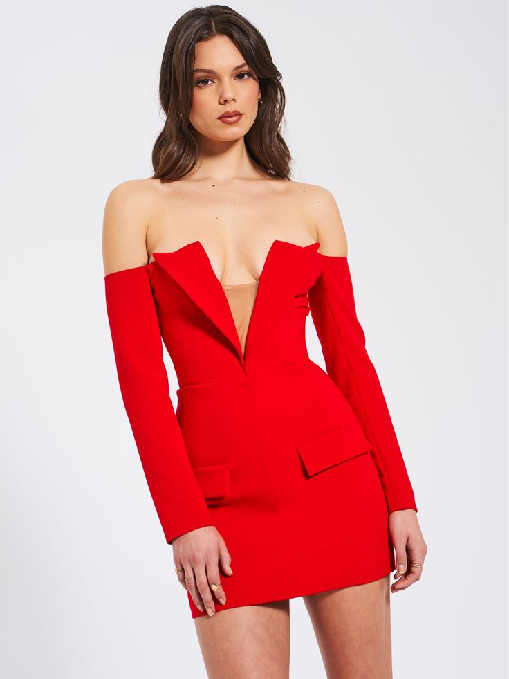 Presenting the striking Polina Red Off Shoulder Long Sleeve Blazer Dress, a bold statement in vibrant red. Featuring a captivating deep V collar wiht wire support and off-shoulder design, it exudes allure and confidence. The addition of long sleeves adds a touch of sophistication, while the suit collar infuses elegance. Complete with an invisible zipper at the back, this dress ensures a seamless fit. Whether it's a formal event or a night out, the Polina dress is sure to command attention with i Red Mini Length Off Shoulder Party Dress, Red Off Shoulder Mini Dress For Party, Red Off-shoulder Mini Dress For Party, Red Off-shoulder Mini Dress For Cocktail, Red Off-shoulder Mini Dress For Date Night, Chic Fitted V-neck Off Shoulder Dress, Red Fitted Off-shoulder Dress For Cocktail, Red Fitted Off-shoulder Cocktail Dress, Red Fitted Off Shoulder Cocktail Dress