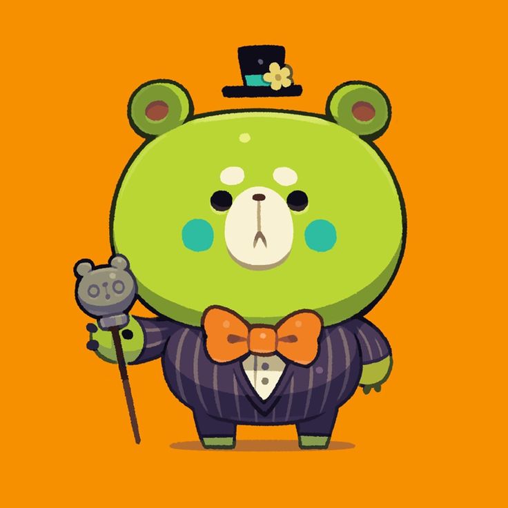 a green teddy bear with a top hat and bow tie holding a cane in front of an orange background