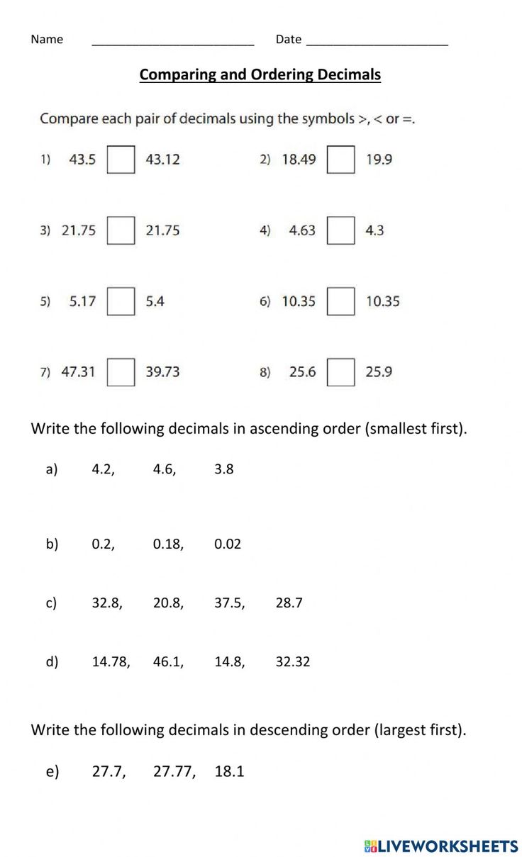 the worksheet for comparing and ordering numbers