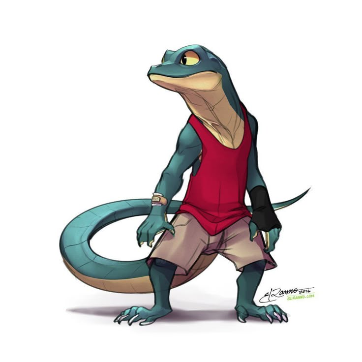 a drawing of a lizard wearing a red shirt and tan shorts with his arm around the neck