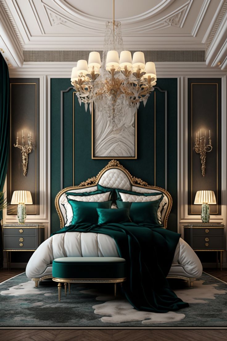 a bedroom with green walls and gold trimmings on the headboard, chandelier and bed