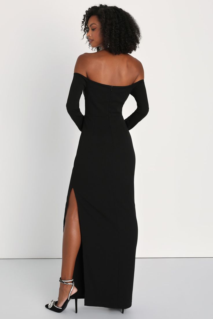 Sexy Black Dress - Off-The-Shoulder Dress - Column Maxi Dress - Lulus Fitted Off-shoulder Midi Dress, Fitted Off Shoulder Midi Dress For Dinner, Black Dress With Straight Neckline For Fall, Black Fall Dress With Straight Neckline, Fall Black Dress With Straight Neckline, Sleek Off-shoulder Bodycon Dress For Formal Events, Evening Off-shoulder Stretch Bodycon Dress, Off-shoulder Stretch Bodycon Evening Dress, Evening Stretch Off-shoulder Bodycon Dress