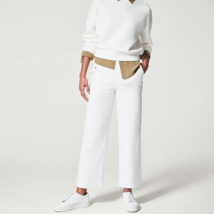 This super-soft cropped wide leg pant is the perfect addition to your wardrobe. With a pull-on design and hidden tummy shaping. these comfy pants flatter all over. 4-way stretch. buttery-soft twill fabric for ultimate comfort and smoothing Pull-on design for a completely smooth front. Functional front and back pockets Hidden tummy shaping Inseams: Petite 24â€?(recommended for 5'4â€?and under). Regular 26.5". Tall 29" (recommended for 5'9â€?and above) Body: 55% Cotton. 29% Rayon. 13% Polyester. 3 Comfy Jumpsuits, Plus Size One Piece, Cropped Wide Leg Pants, Comfortable Pants, Black Bathing Suits, Strapless Bandeau, Comfy Pants, Style Tops, Black Swimwear