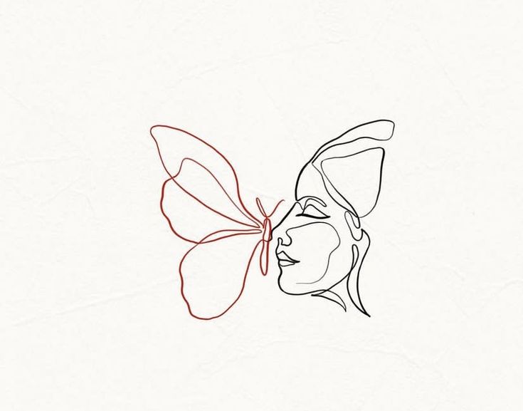 a drawing of a woman's face with a butterfly on her nose, in red and black ink