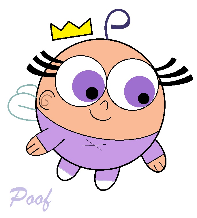 a cartoon character with big eyes and a crown on his head, wearing purple clothes