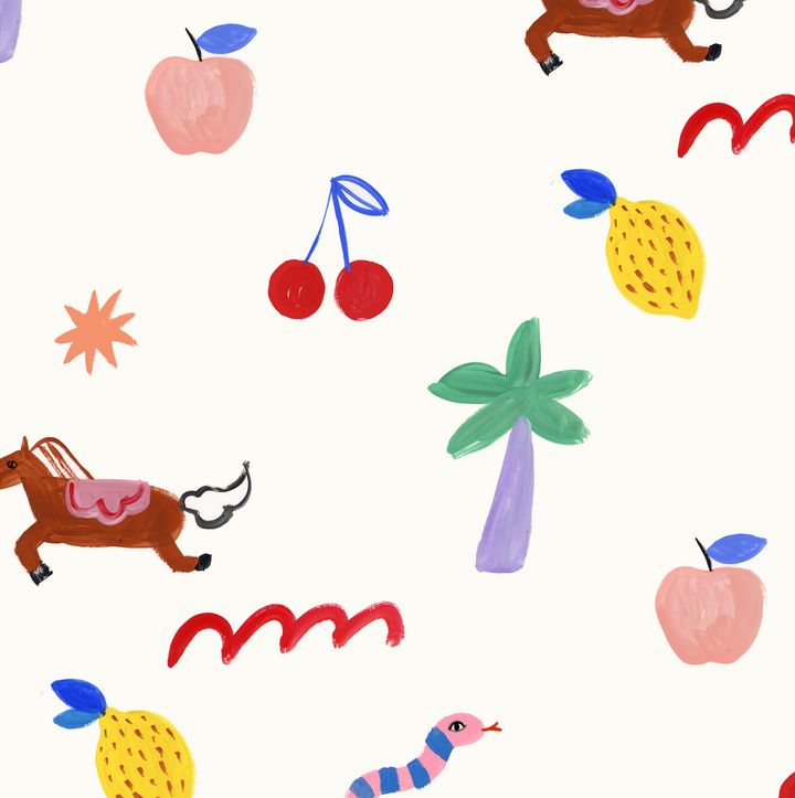 an image of children's wallpaper with animals and fruits